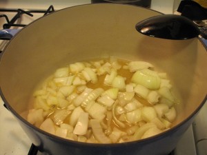 Onions simmering in the broth